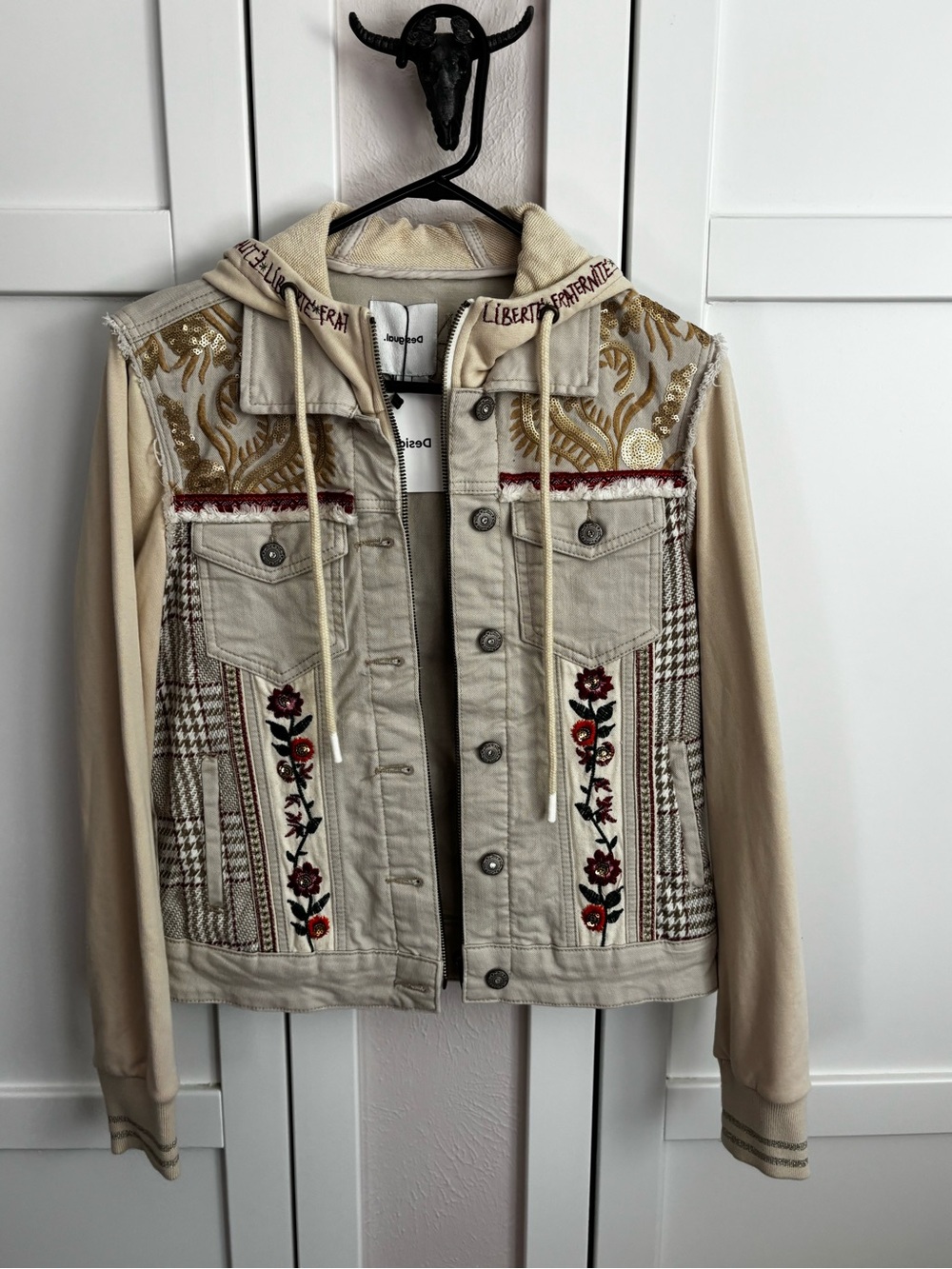 Desigual Beige Embroidered Mixed-Media Jean Jacket